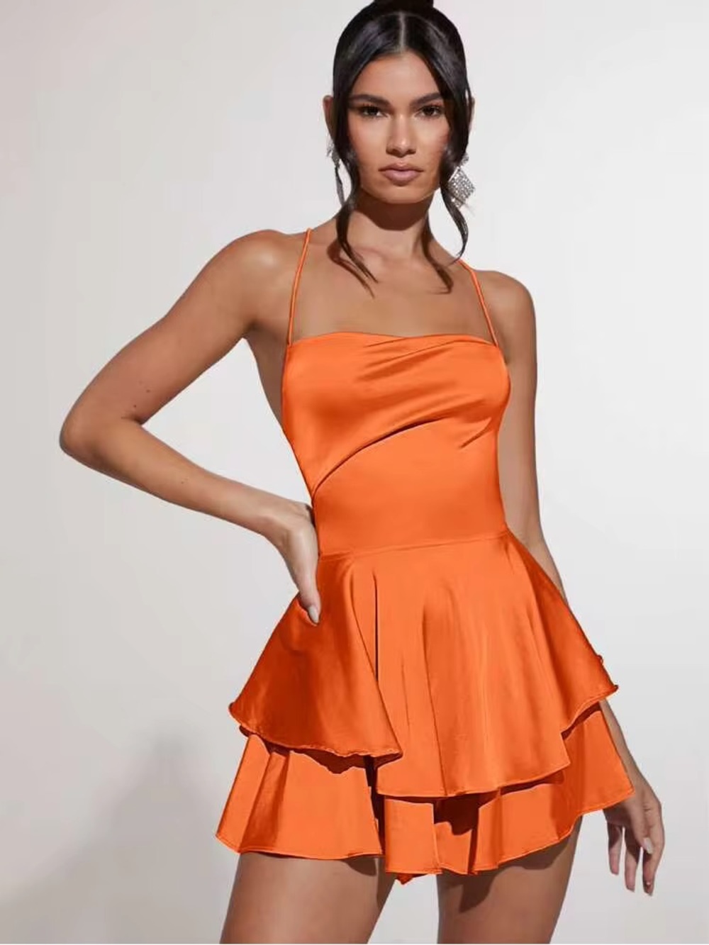 SHEIN Orange Satin Tiered Spaghetti-Strap Mini Romper